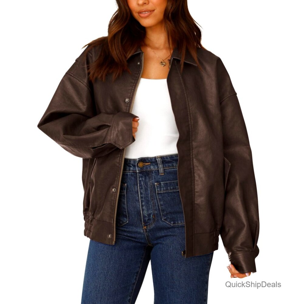 Oversized Faux Leather Motorcycle Jacket Zip Up Winter Coat Women's Outerwear